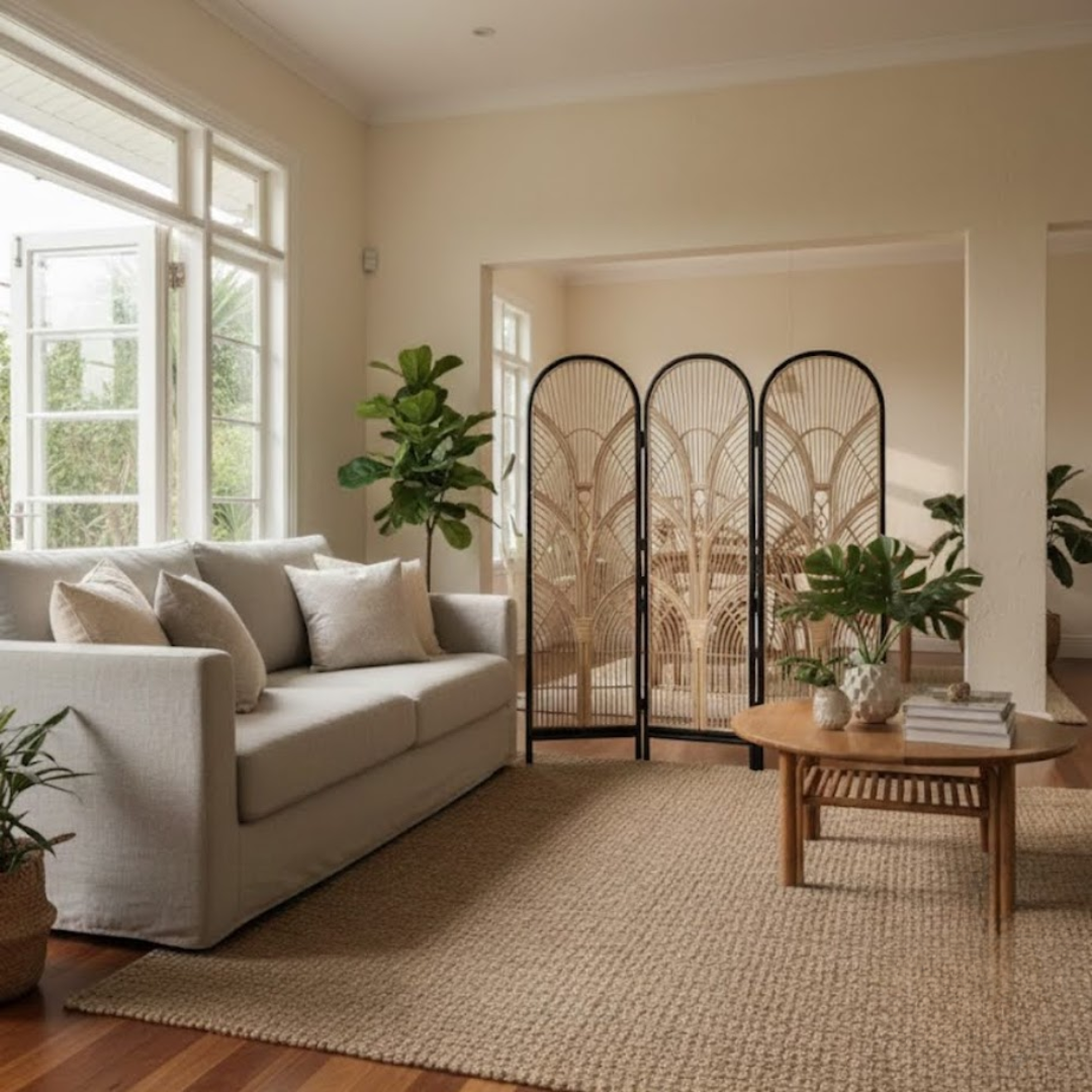 Three-panel rattan screen beside a sofa in a sunlit living room