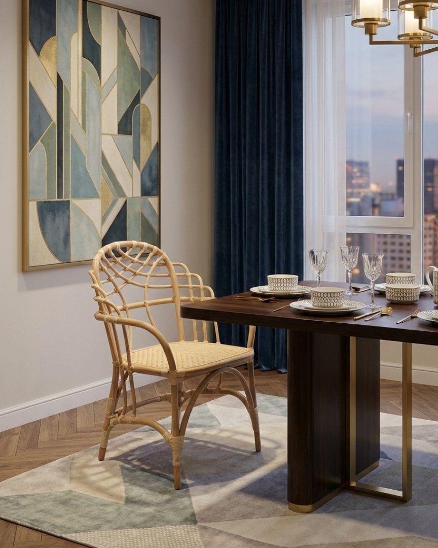 Senai rattan dining chair in a blue-and-cream dining room