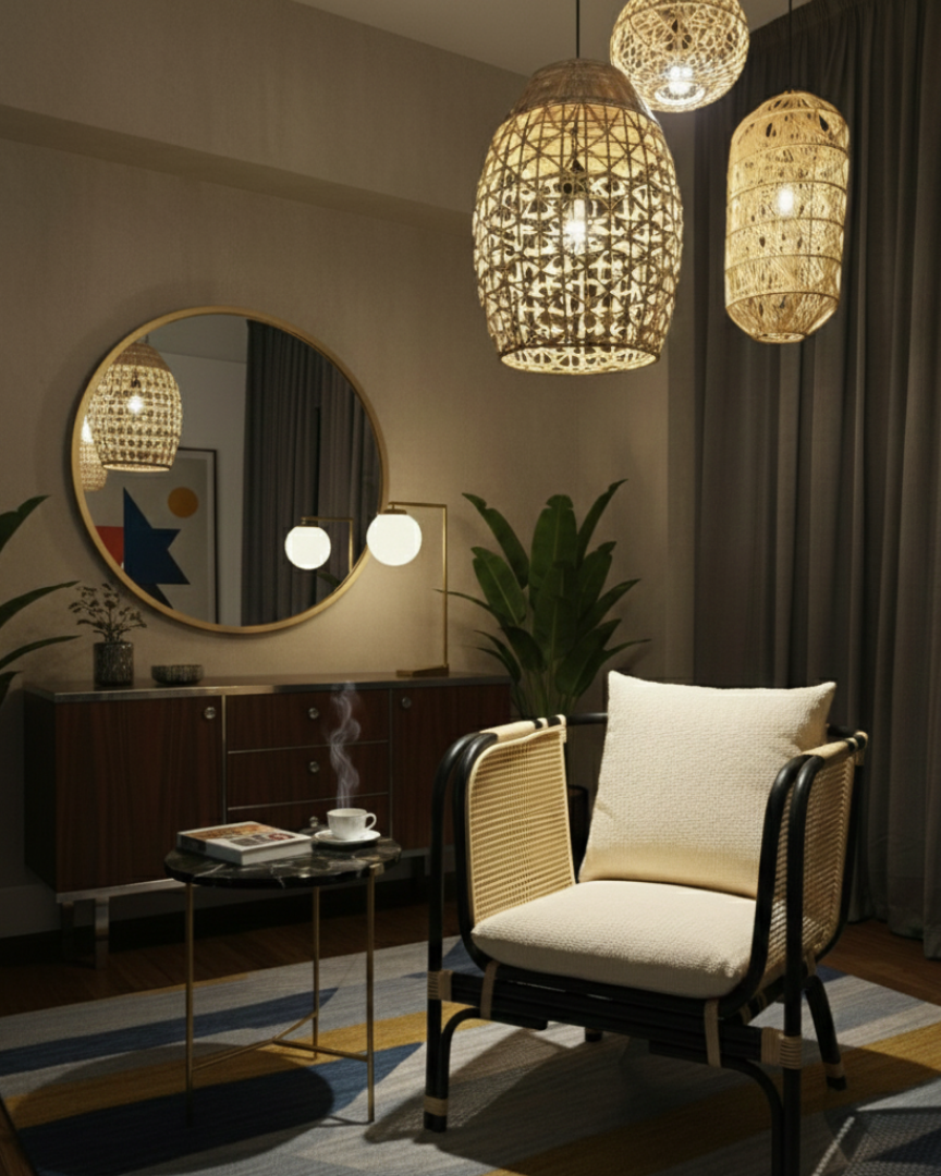 Lione woven armchair beneath sculptural pendants in a dusky modern interior