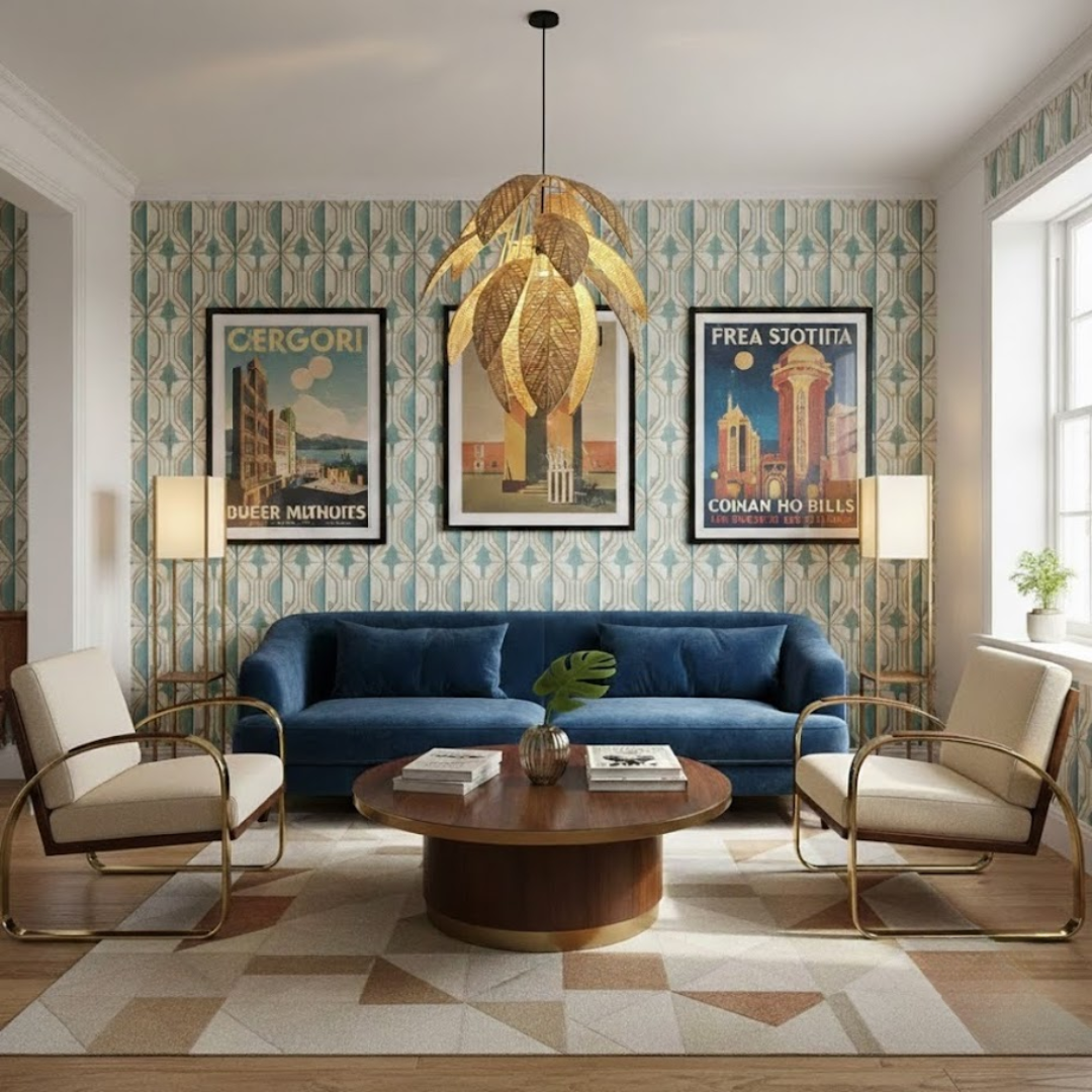 Layered leaf-shaped rattan pendant in a room setting