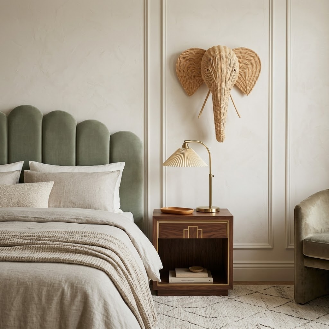 Woven rattan elephant wall accent in a Calmistry interior