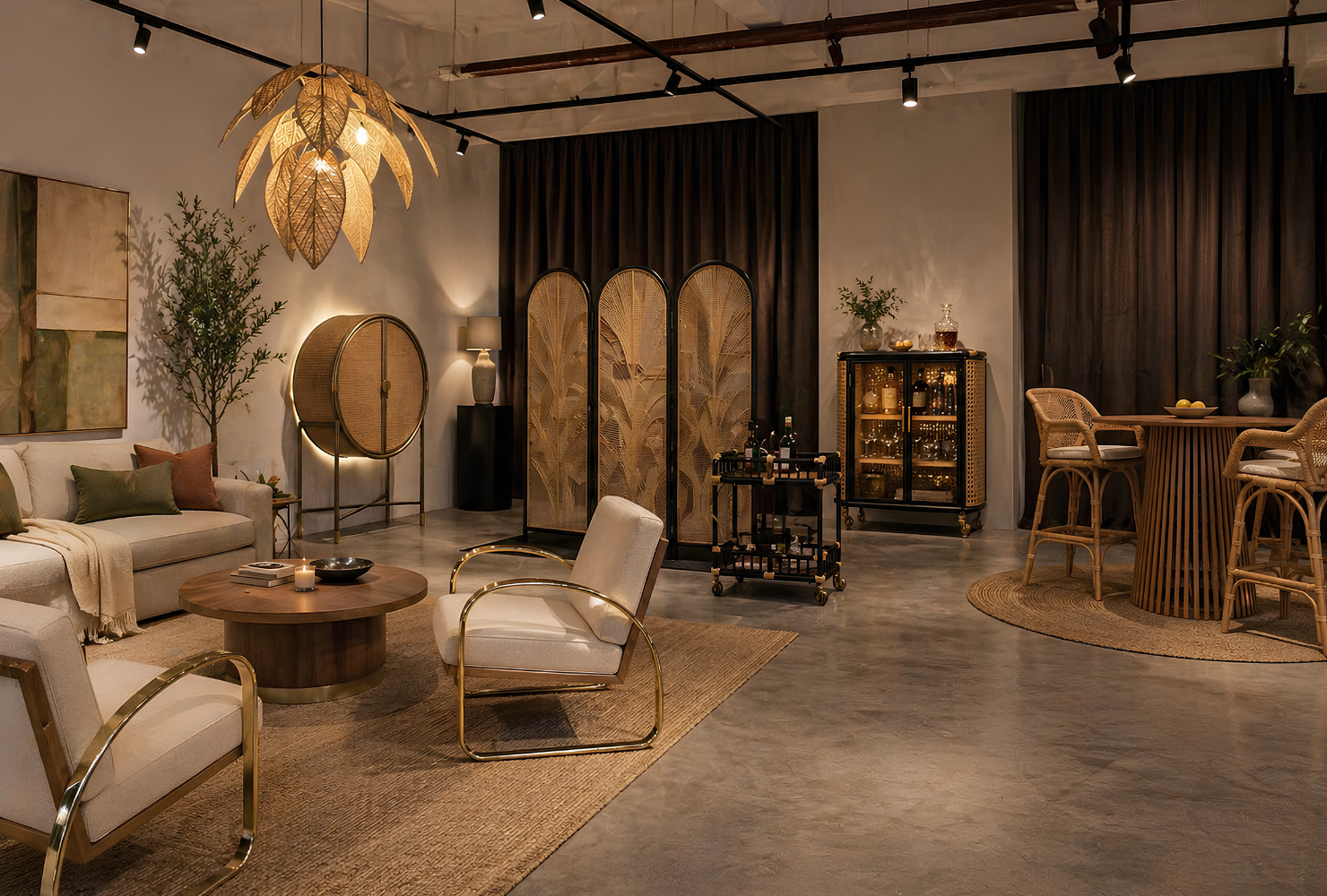 A softly lit interior with a woven rattan pendant, arched rattan screen and cane bar cabinet